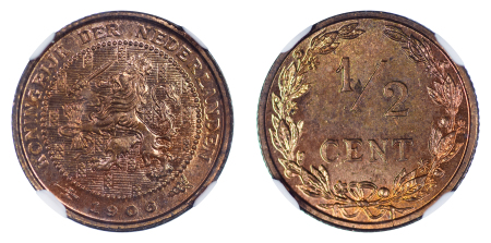 Netherlands 1906 Cu 1/2 Cent, choice