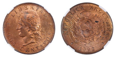 Argentina 1892 Cu 2 Centavos, lustrous