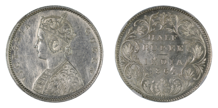 India (British) 1862 (B&M) Ag 1/2 Rupee, 4.5 Panels/Slant Top 1