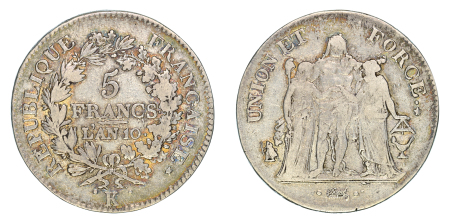 France L'An 10 (1801) Ag 5 Francs, Hercules (Bordeaux) 