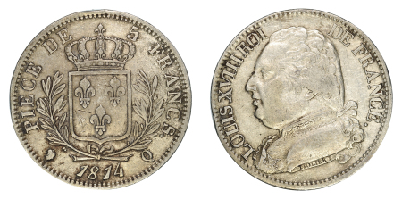 France 1814Q Ag 5 Francs, Louis XVIII (Perpignon)