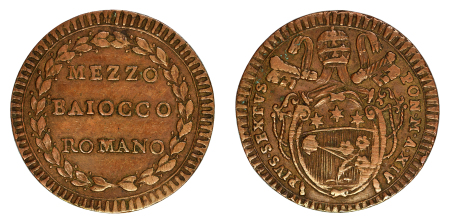 Papal States 1788 Cu 1/2 Baiocco, Anno XIV