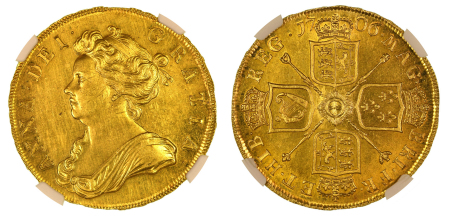 Great Britain 1706 Queen Anne: (Au) gold Five-Guineas. Graded UNC Details by NGC