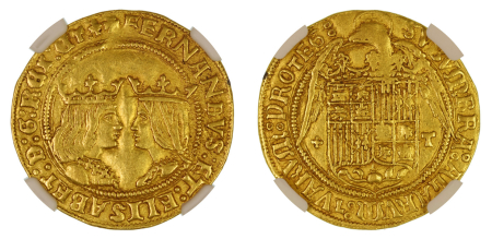 Spain, ND Ferdinand & Isabela (1474-1504): (Au) gold Double Excelentes. Graded AU 58 by NGC