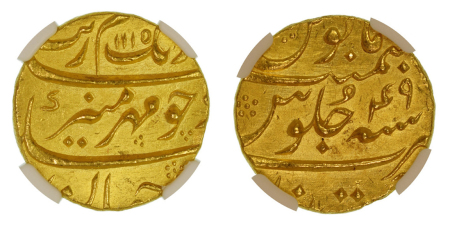 Mughal India 1115h. Aurangzeb: (Au) Mohur struck in Khujista Bunyad. Graded UNC Details