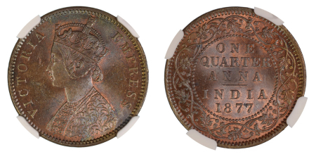 India 1877 (B) (Cu). 1/4 Anna. Graded MS 64 Brown by NGC
