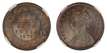 India 1879 C (Cu). 1/4 Anna. Graded MS 65 Brown by NGC