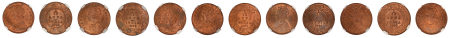 India  (Cu) 1876 to 1899. A six-coin lot of 1/12 Anna's in superb MS 64/65 condition.