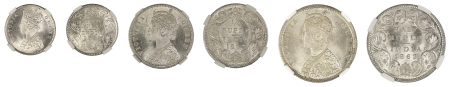 India  (Ag) 1862. A three-coin lot of 1/2 Rupee, 1/4 Rupee and 2 Annas in MS 64/66 grade.