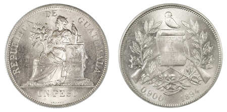 Guatemala 1894 (Ag). Peso. Graded PCGS MS 67 by NGC