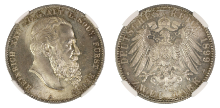 Germany, Reuss-Obergreiz 1899 A (Ag). 2 Marks. Graded MS 66 by NGC