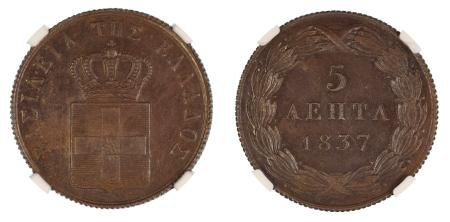 Greece 1837 (Cu). 5 Lepta. Graded MS 63 Brown by NGC