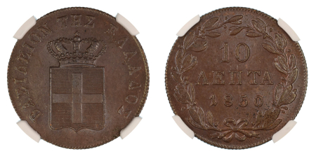 Greece 1850 (Cu). 10 Lepta. Graded MS 63 Brown by NGC