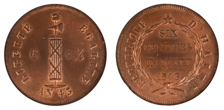 Haiti 1846 (Cu). 6.25 Centimes.  Graded MS 66 Red Brown by NGC