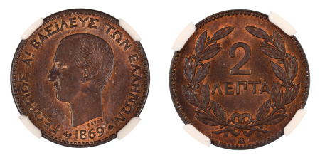 Greece 1869 BB (Cu). 2 Lepta. Graded MS 64 Brown by NGC