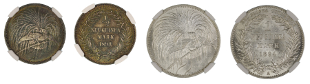 German New Guinea 1894 (Cu) 1/2 Mark and 1 Mark coins graded MS 65 and MS 64 respectively.