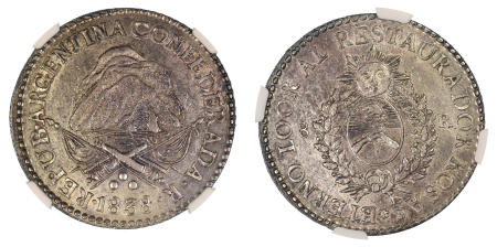 Argentina 1838 R (Ag). 8 Reales. Graded AU 58 by NGC
