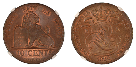 Belgium 1832 (Cu). 10 Centimes. Graded MS 65 Brown by NGC