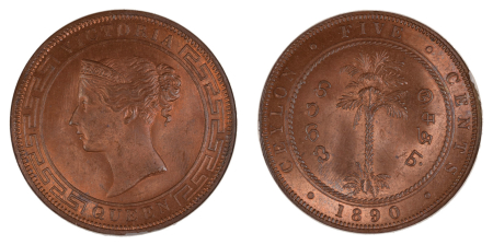 Ceylon 1890 (Cu). 5 Cents. Graded MS 65 Red Brown by NGC
