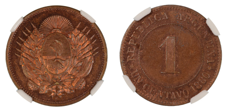 Argentina 1880 E (Cu). 1 Centavo. Graded MS 64 Red Brown by NGC