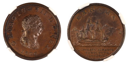 Bahamas 1806 (Cu). Penny. Graded MS 62 Brown by NGC