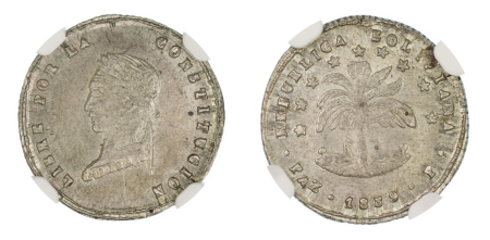 Bolivia 1859 PAZ P (Ag) 1/2 Sol (KM-132): Very rare; 2 pieces known previously, Graded MS 63