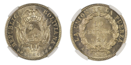 Bolivia 1883 A (Cu-Ni). 10 Centavos. Graded Proof 65 by NGC