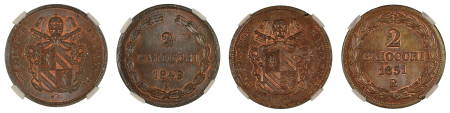 Italy, Papal States  (Cu) A two-coin lot of 2 Baiocchi's from 1849 and 1851, both graded MS 65 Brown by NGC. 