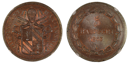 Italy, Papal States 1853 R VIII (Cu). 5 Baiocchi. Graded MS 66 Brown by NGC