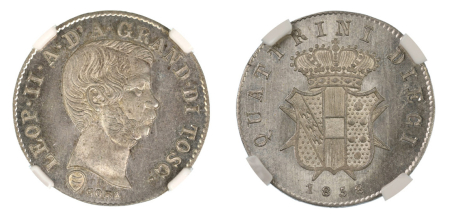 Italy, Tuscany 1858 (Ag). 10 Quattrini. Graded MS 67 by NGC