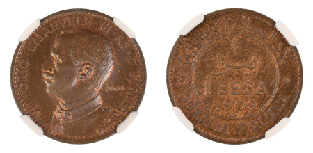 Italian Somaliland 1909R PROVA (Cu). 1 Besa. Graded MS 66 Brown by NGC