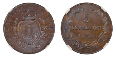San Marino 1894R (Cu). 5 Centesimi. Graded MS 67 Brown by NGC