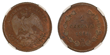Mexico 1864 M (Cu) Maximilian. Centavo. Graded MS 65 Brown by NGC