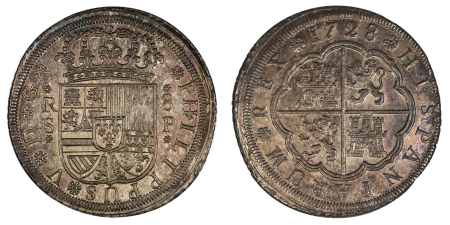 Spain 1728 S P (Ag) Philip V. 8 Reales. Graded MS 65 by NGC