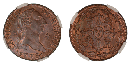 Spain 1773 (Cu) Charles III. 4 Maravedis. Graded MS 65 Red Brown by NGC
