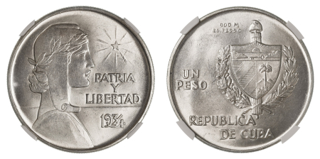 Cuba 1934 (Ag). Peso. Graded MS 65 by NGC