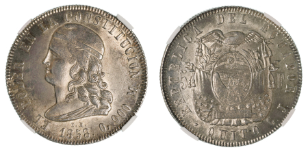Ecuador 1858 GJ (Ag). 5 Francs. Graded MS 62 by NGC