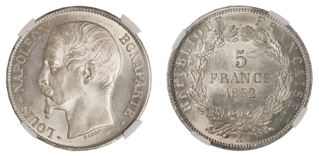 France 1852 A (Ag). 5 Francs. Graded MS 64 by NGC