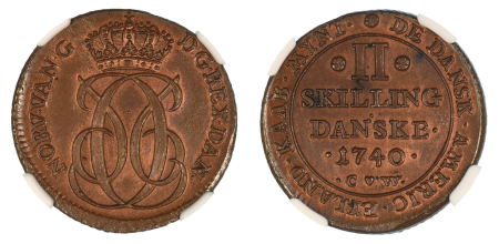 Danish West Indies 1740 CW (Cu). 2 Skilling. Graded MS 64 Red Brown by NGC
