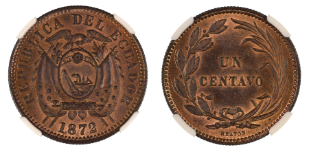 Ecuador 1872 (Cu-Ni). 1 Centavo. Graded MS 65 Red Brown by NGC