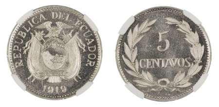Ecuador 1919 (Ag). 5 Centavos. Graded Specimen 67 by NGC