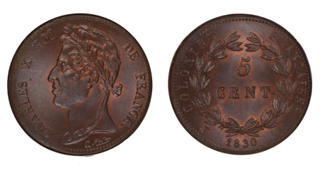 French Colonies 1830 A (Cu). 5 Centimes. Graded MS 67 Brown by NGC
