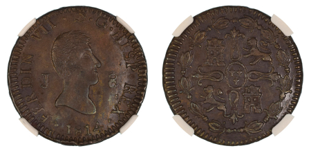 Spain 1814 J (Cu) Ferdinand VII. 8 Maravedis. Graded MS 64 Brown by NGC