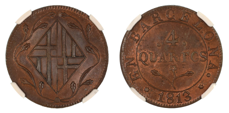 Spain 1813 (Cu) Ferdinand VII. 4 Quartos. Graded MS 65 Brown by NGC