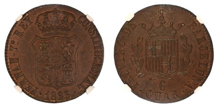 Spain 1823 (Cu) Ferdinand VII. 8 Quartos. Graded MS 65 Brown by NGC