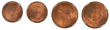 Straits Settlements  (Cu) A two-piece lot of 1889 1/4 Cent and 1/2 Cent coins. Both graded MS 65 Red Brown by NGC.