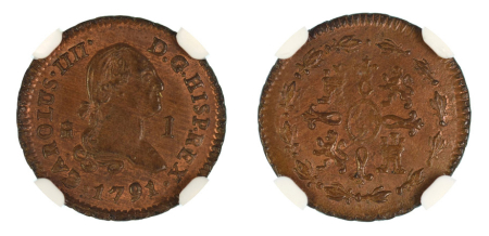 Spain 1791 (Cu) Charles IV. 1 Maravedi. Graded MS 65 Brown by NGC