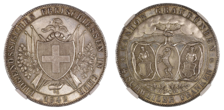 Switzerland 1842 (Ag) Graubunden. 4 Francs. Graded MS 65 by NGC