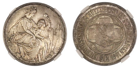 Switzerland 1865 (Ag) Schaffhausen Festival. 5 Francs. Graded MS 65 by NGC