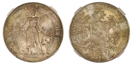 Switzerland 1885 (Ag) Bern Festival. 5 Francs. Graded MS 66 by NGC